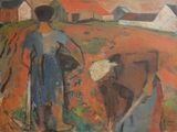 tableau représentant un homme et une vache dans un champ, avec une grange en arrière-plan