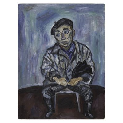 une peinture à l'huile représentant un homme assis sur un banc avec un livre