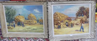 peinture représentant deux tableaux d'un homme et d'une femme travaillant à la ferme