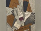 an image of a painting of a glass of wine and a newspaper on a table