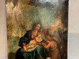 an image of a painting of a woman holding a baby and a dog