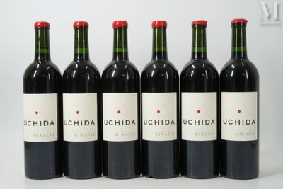 six bouteilles de vin rouge sont alignées