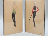 two drawings of a woman in a dress and a man in a suit