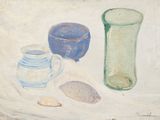 une peinture représentant un verre, un bocal et une cuillère posés sur une table