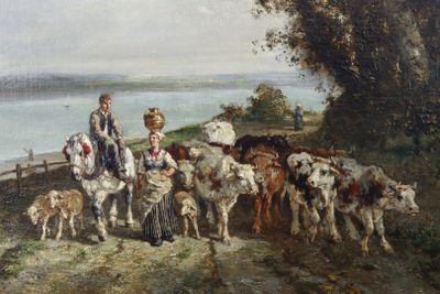 un tableau représentant un homme et une femme avec un troupeau de bovins