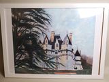 tableau représentant un château dans un cadre blanc, avec des arbres en arrière-plan