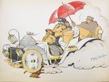 un dessin représentant un ours au volant d'une voiture, un parapluie à la main
