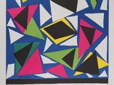 une affiche représentant une peinture abstraite colorée sur fond bleu