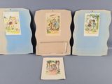 three framed pictures of children playing with a dog and a cat on a blue background