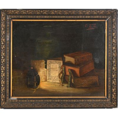 tableau représentant une nature morte avec des livres et une bouteille de vin posés sur une table