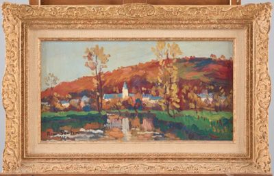 an image of a painting of a landscape with a river in the foreground