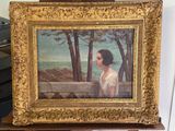 un tableau représentant une femme en robe blanche assise sur une table
