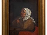 a painting of a woman in a white head scarf holding a cat