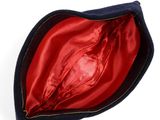 a red and blue bag with a zipper on it