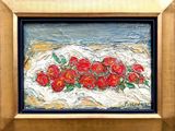 a painting of red flowers in a wooden frame