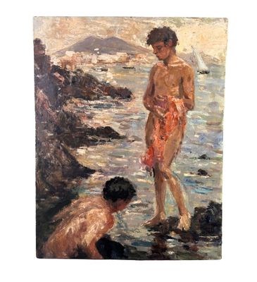 tableau représentant deux garçons jouant dans l'eau à la plage