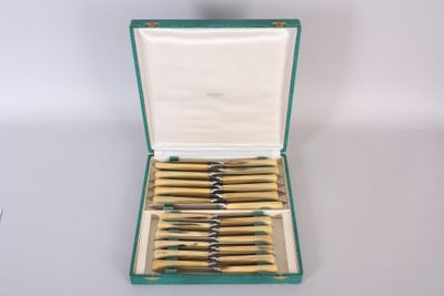 a green case with a set of six knives in it