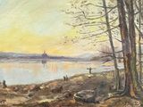 a painting of a view of a lake from a hill