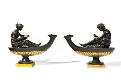 Paire de lampe à huile en bronze patiné et bronze doré, orné… - Photo 1
