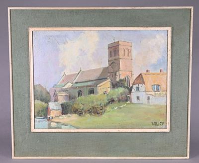 Ecole du XXe siècle. Eglise. Huile sur panneau signée et dat…
