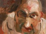 une peinture à l'huile représentant un homme en chemise blanche tenant une banane à la main