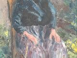 tableau représentant une vieille femme assise sur une chaise, une canne à la main