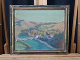 an oil painting of a landscape with a bridge over a river