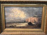 une image représentant un tableau montrant des personnes sur une plage près d'une falaise