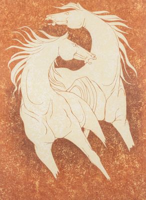 a picture of two horses that are on a wall