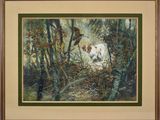 tableau représentant deux chiens dans un environnement boisé, avec des arbres et des buissons