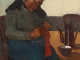 tableau représentant une vieille femme assise à une table, portant un foulard rouge