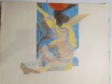 painting of a woman sitting on a chair in front of a painting of an angel