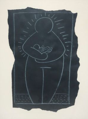 black and white drawing of a woman holding a baby in her arms