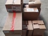 several boxes are stacked on a pallet in a warehouse