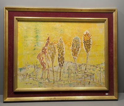 une image représentant un tableau avec trois arbres sur fond jaune