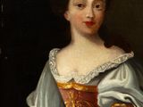 portrait of a woman in a blue dress with a red and gold dress