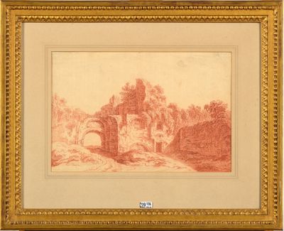 Sanguine sur papier vergé "Paysage avec ruines".