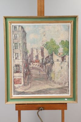 peinture sur chevalet représentant une scène de rue avec des bâtiments et une calèche