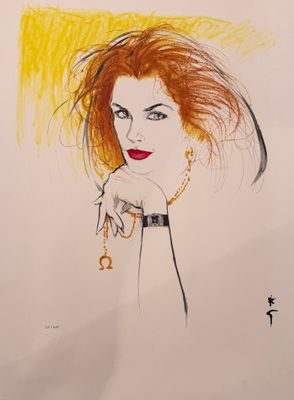 dessin représentant une femme aux cheveux roux portant un collier autour du cou