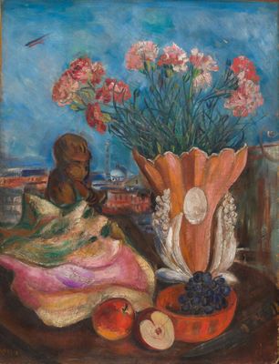une peinture à l'huile représentant une femme assise sur une table, à côté d'un vase de fleurs