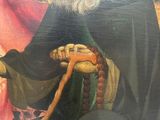painting of an old man holding a cane and wearing a hat