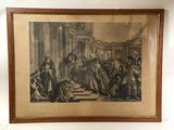 an old picture of a painting of a group of people in front of a building