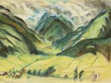 peinture représentant un paysage de montagne avec une vallée au premier plan