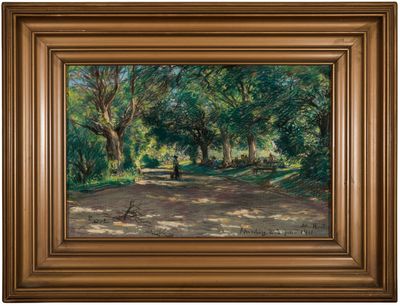 an oil painting of a park bench in the shade of trees