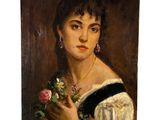 tableau représentant une femme tenant un bouquet de fleurs dans la main droite