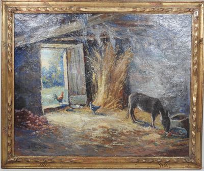 une peinture à l'huile représentant un âne debout devant une grange