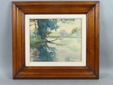un tableau représentant un paysage fluvial avec des arbres et de l'eau