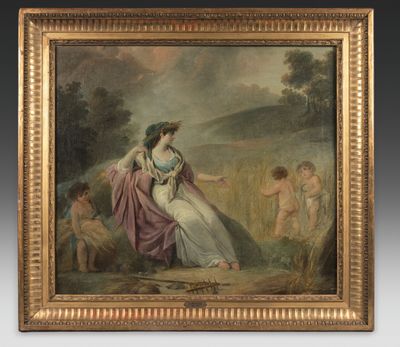 an oil painting of a woman and children in a landscape