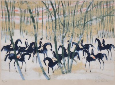 un tableau représentant un groupe de chevaux galopant dans la neige