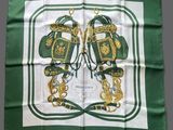 green and white silk scarf with a picture of a horse and carriage